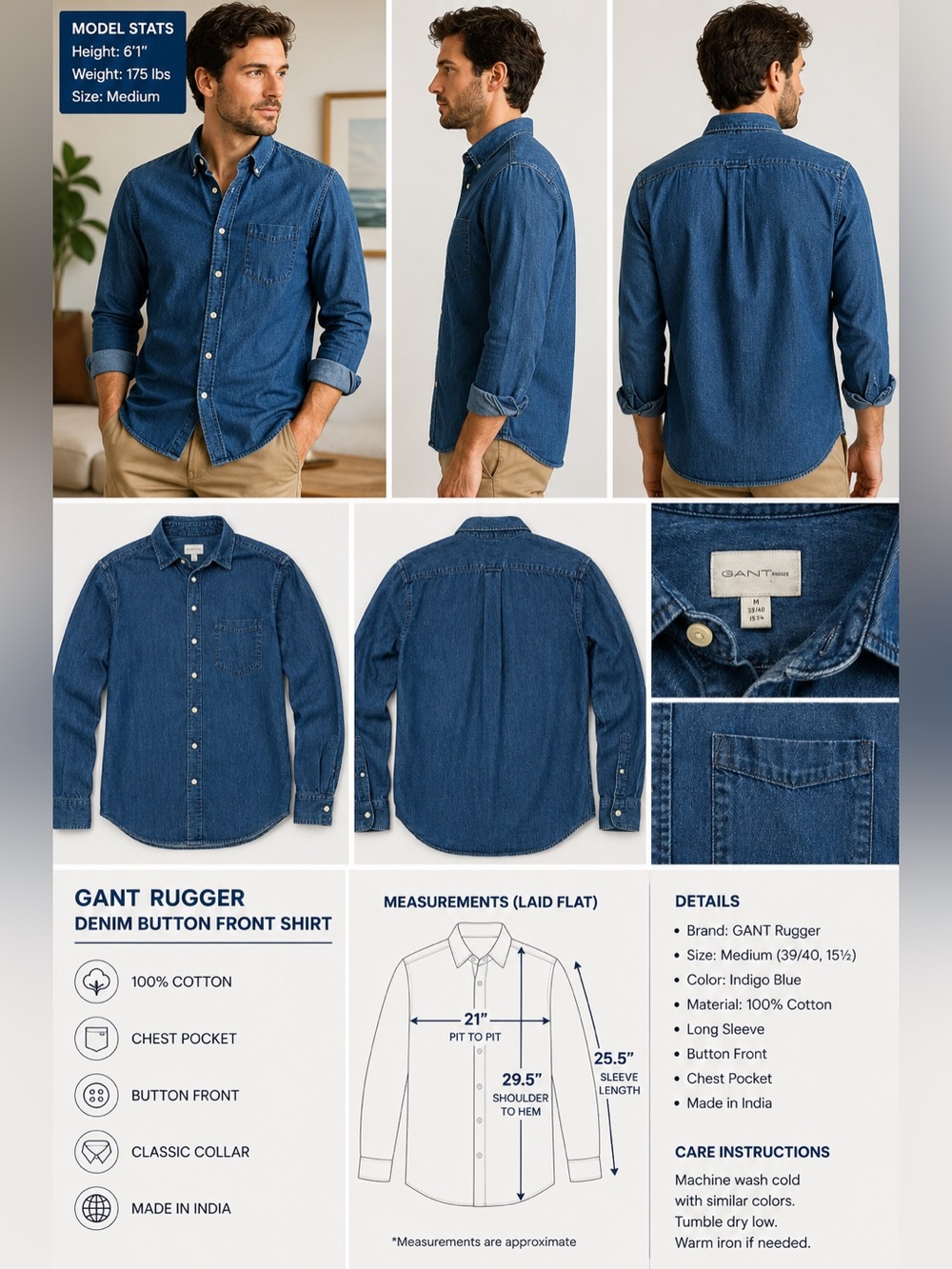 GANT Rugger Denim Button Front Shirt Men's Medium 39/40 Indigo Blue Long Sleeve